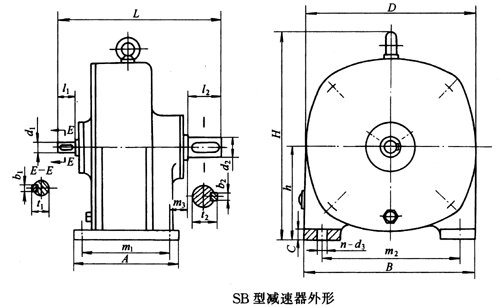 SB系列雙擺線針輪減速機外形及安裝尺寸、針齒中心圓直徑及傳動比